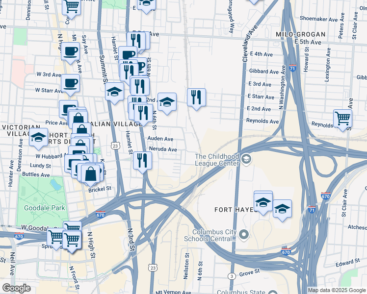 map of restaurants, bars, coffee shops, grocery stores, and more near 773 Waldron Street in Columbus