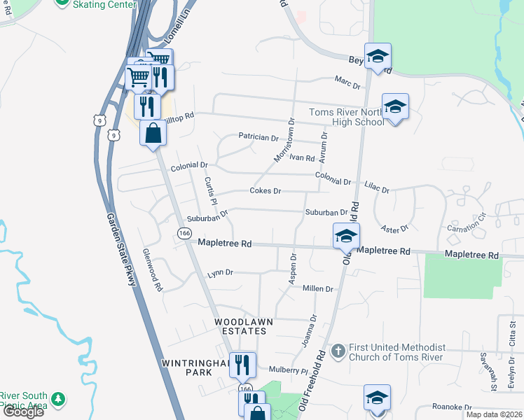 map of restaurants, bars, coffee shops, grocery stores, and more near 332 Suburban Drive in Toms River