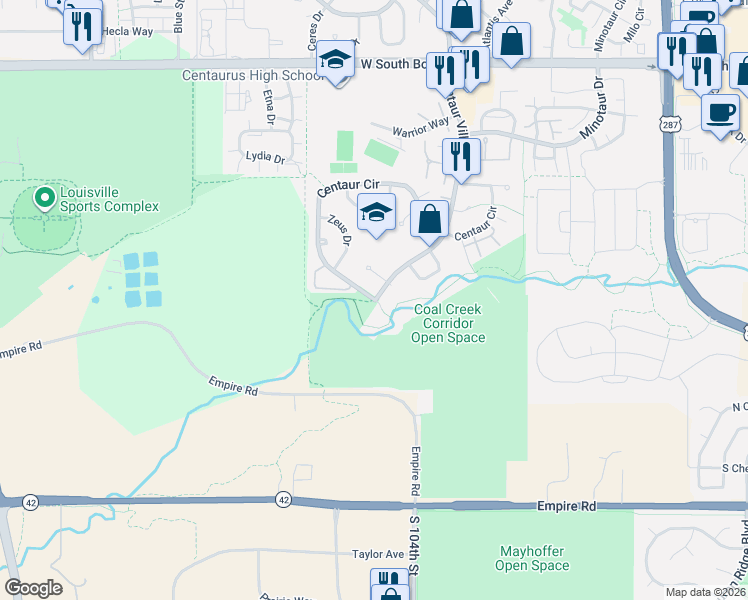 map of restaurants, bars, coffee shops, grocery stores, and more near 1662 Centaur Cir in Lafayette