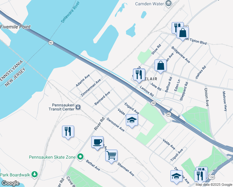 map of restaurants, bars, coffee shops, grocery stores, and more near 7580 Bannard Avenue in Pennsauken Township