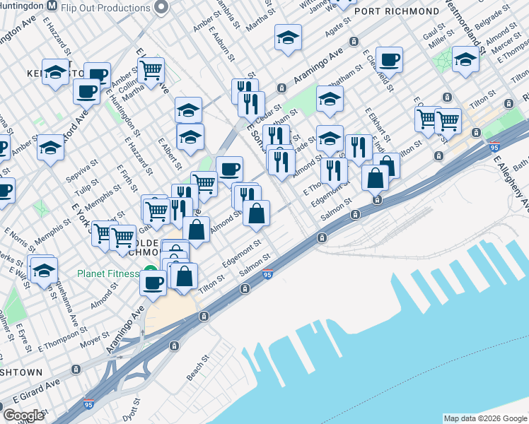 map of restaurants, bars, coffee shops, grocery stores, and more near 2729 Mercer Street in Philadelphia