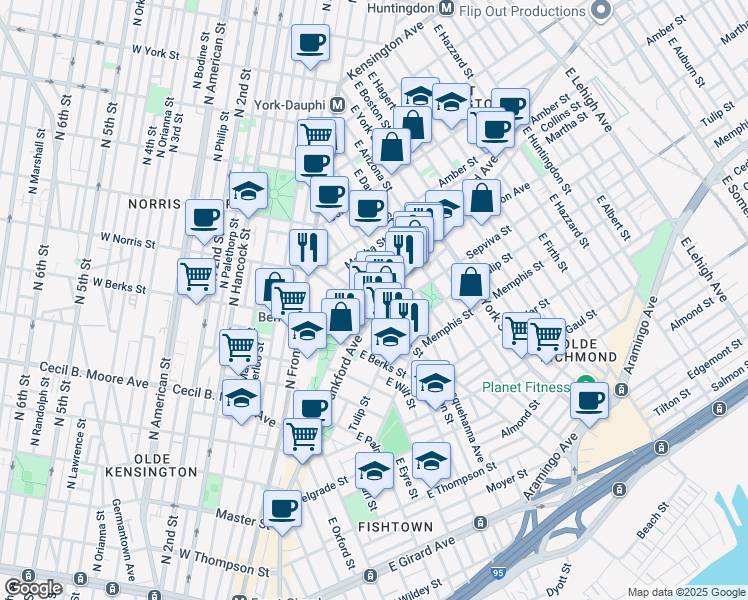 map of restaurants, bars, coffee shops, grocery stores, and more near 2019 Blair Street in Philadelphia