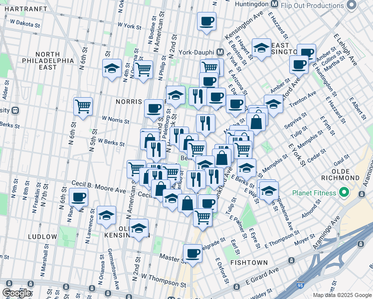 map of restaurants, bars, coffee shops, grocery stores, and more near 1915 Waterloo Street in Philadelphia