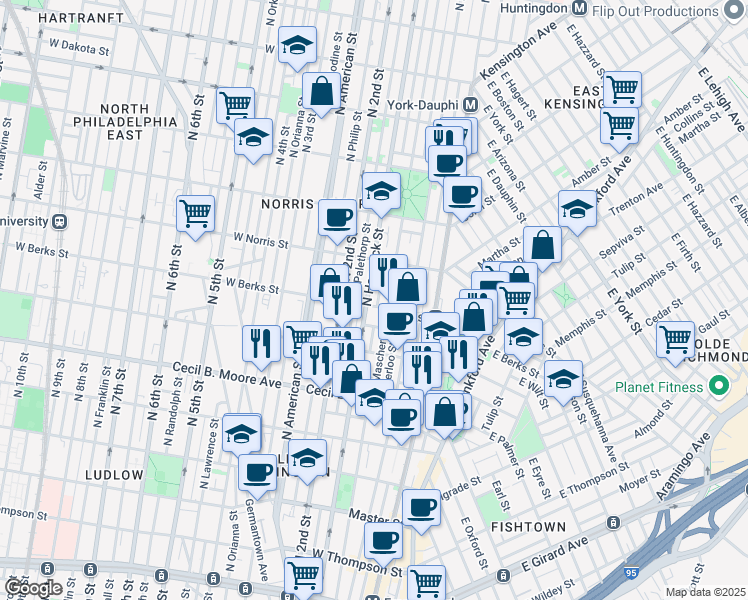 map of restaurants, bars, coffee shops, grocery stores, and more near 1906 North Hancock Street in Philadelphia