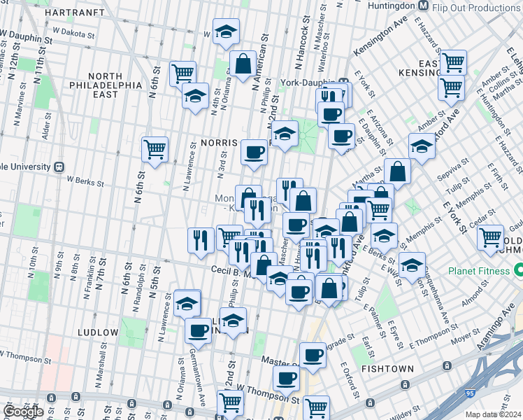 map of restaurants, bars, coffee shops, grocery stores, and more near 1906 North Hancock Street in Philadelphia