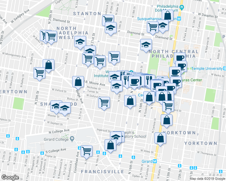 map of restaurants, bars, coffee shops, grocery stores, and more near 1820 Cecil B. Moore Avenue in Philadelphia