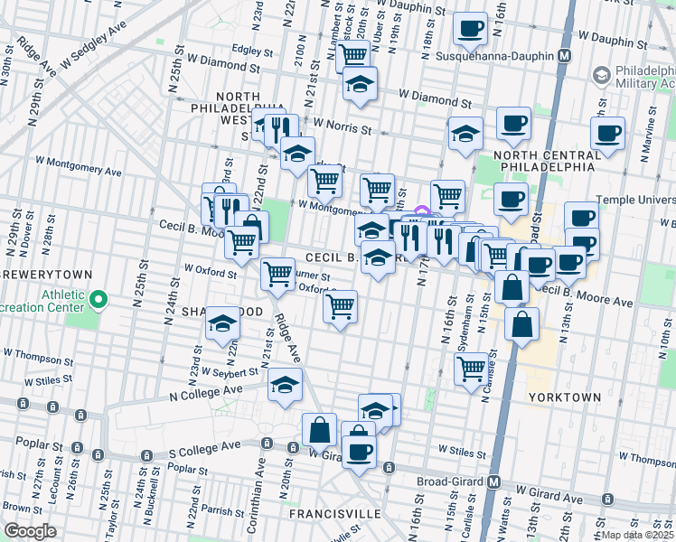 map of restaurants, bars, coffee shops, grocery stores, and more near in Philadelphia