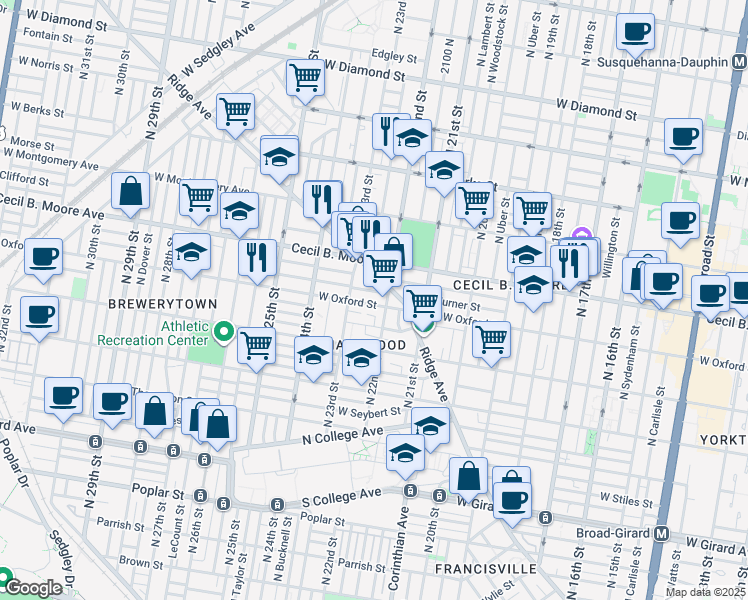 map of restaurants, bars, coffee shops, grocery stores, and more near 2144 Cecil B. Moore Avenue in Philadelphia