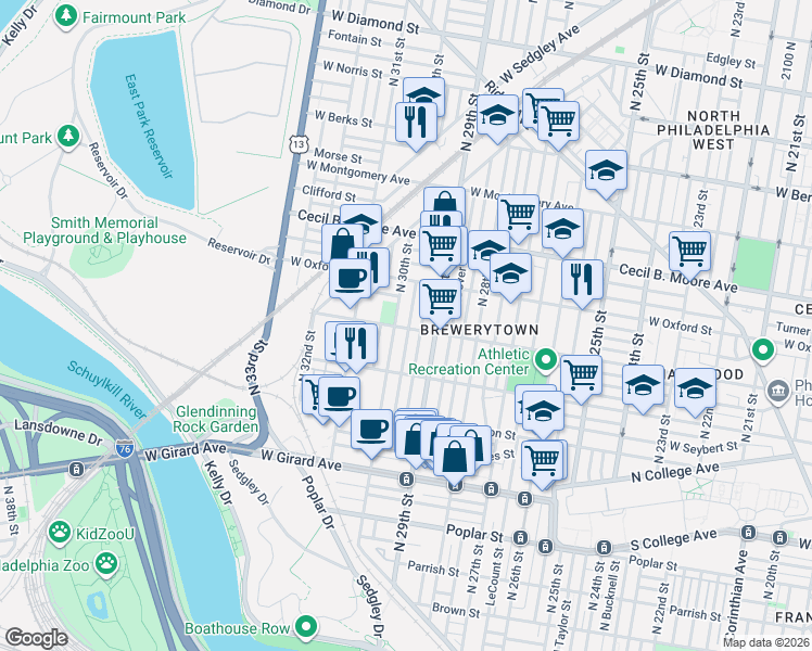map of restaurants, bars, coffee shops, grocery stores, and more near 1519 North Hollywood Street in Philadelphia