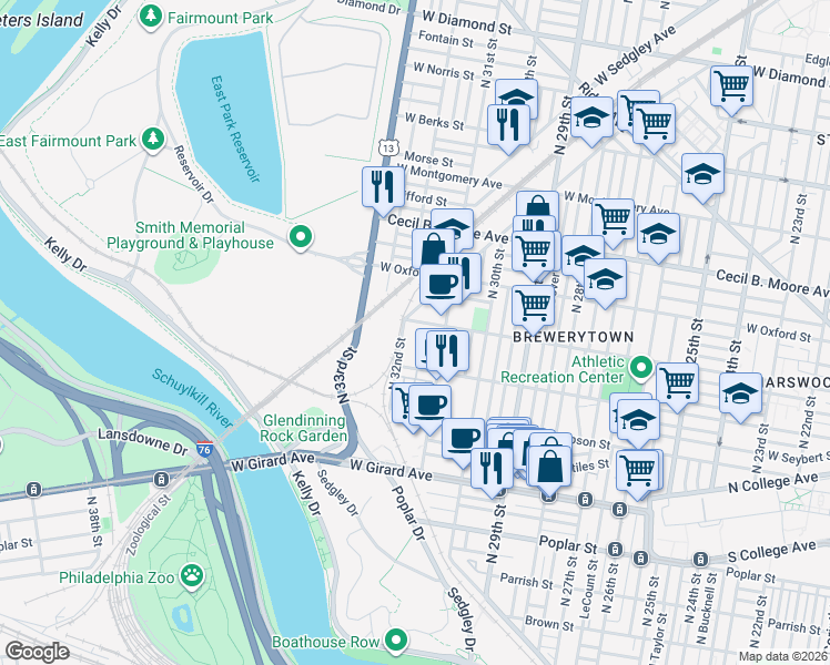 map of restaurants, bars, coffee shops, grocery stores, and more near 1426 North 32nd Street in Philadelphia