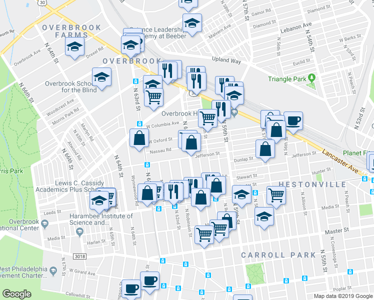 map of restaurants, bars, coffee shops, grocery stores, and more near 6109 Nassau Road in Philadelphia
