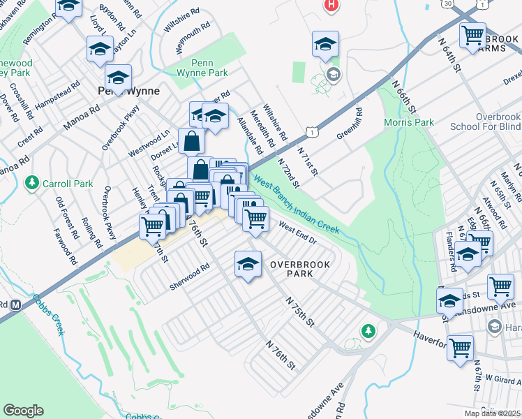 map of restaurants, bars, coffee shops, grocery stores, and more near 7317 Greenhill Road in Philadelphia