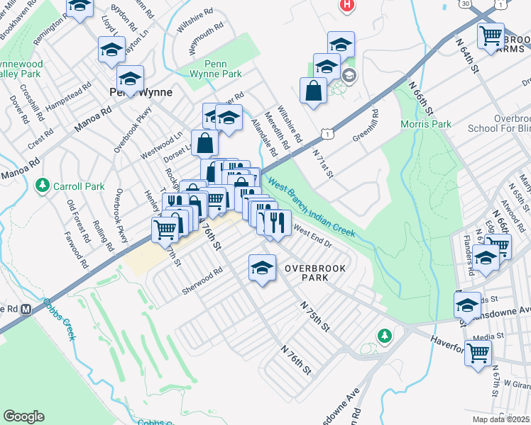 map of restaurants, bars, coffee shops, grocery stores, and more near 7317 Greenhill Road in Philadelphia