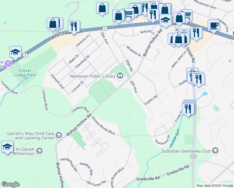 map of restaurants, bars, coffee shops, grocery stores, and more near 318 Bishop Hollow Road in Newtown Square