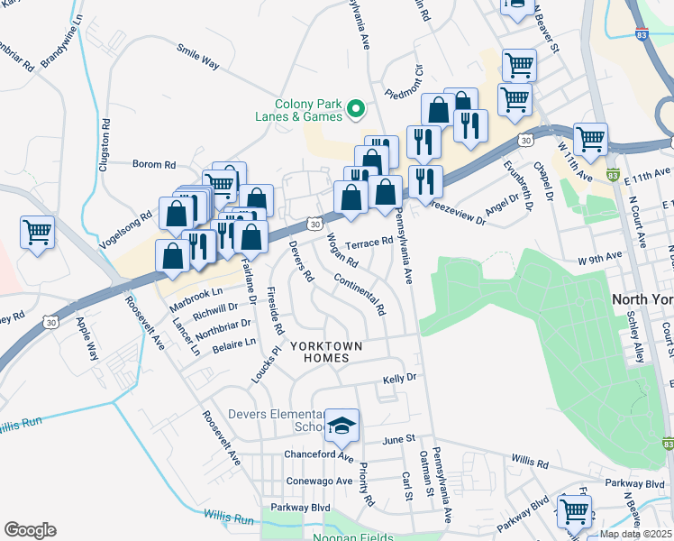 map of restaurants, bars, coffee shops, grocery stores, and more near 1505 Continental Road in York