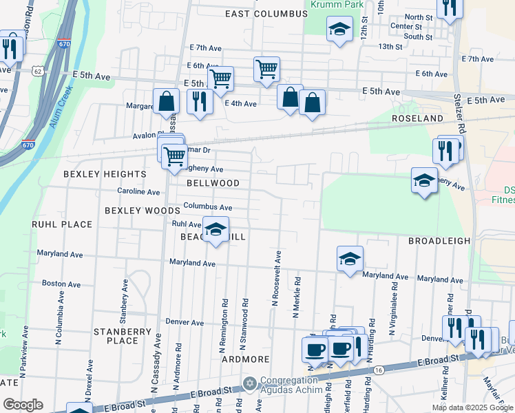 map of restaurants, bars, coffee shops, grocery stores, and more near 2871 Bellwood Avenue in Columbus