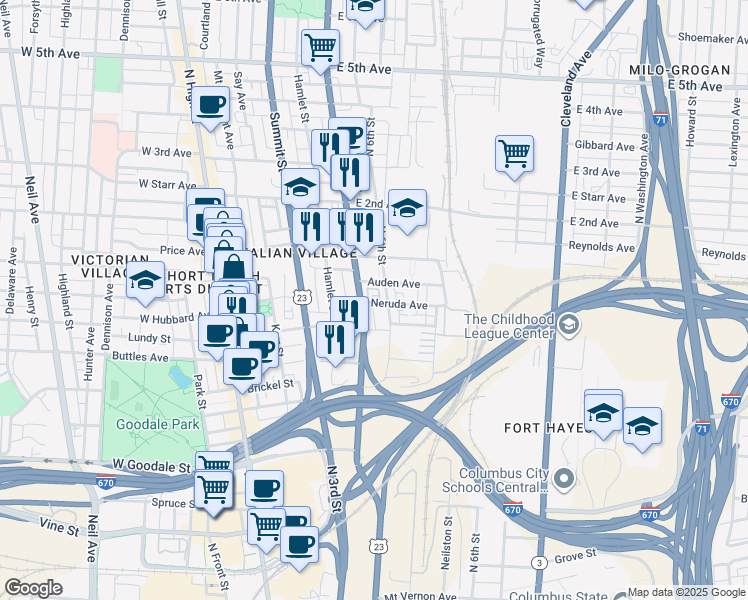 map of restaurants, bars, coffee shops, grocery stores, and more near 818 North 4th Street in Columbus