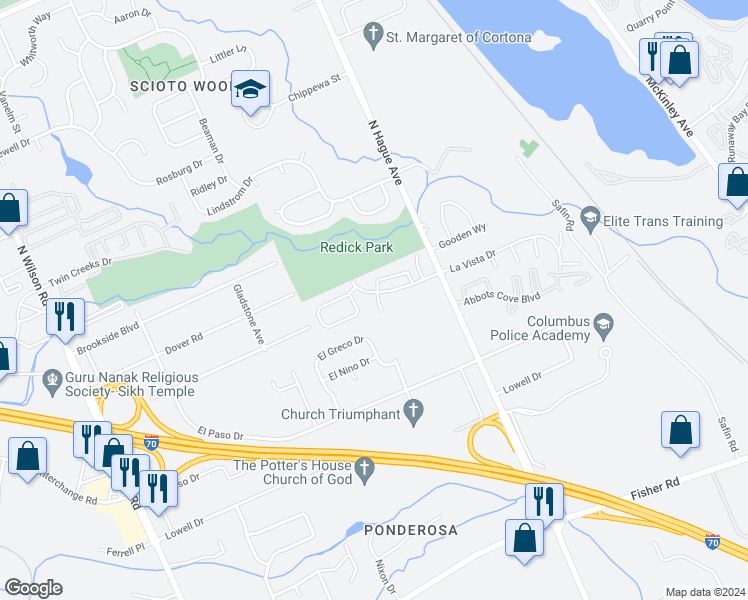 map of restaurants, bars, coffee shops, grocery stores, and more near 3121 Jersey Drive in Columbus