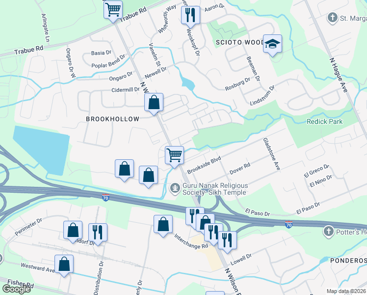 map of restaurants, bars, coffee shops, grocery stores, and more near 3670 Dragonfly Drive in Columbus