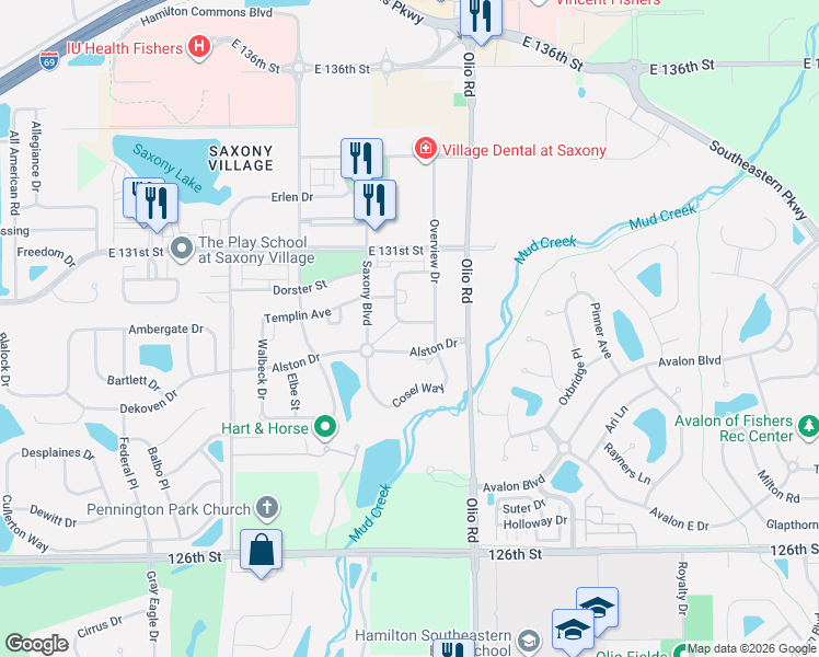 map of restaurants, bars, coffee shops, grocery stores, and more near 13667 Whitten Drive South in Fishers
