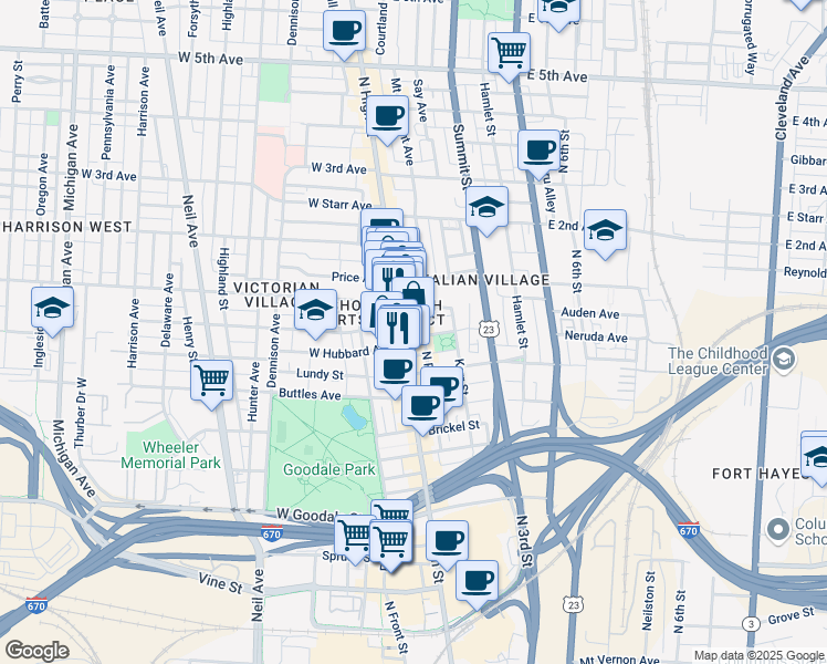 map of restaurants, bars, coffee shops, grocery stores, and more near in Columbus