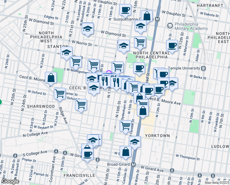 map of restaurants, bars, coffee shops, grocery stores, and more near Willington Street in Philadelphia