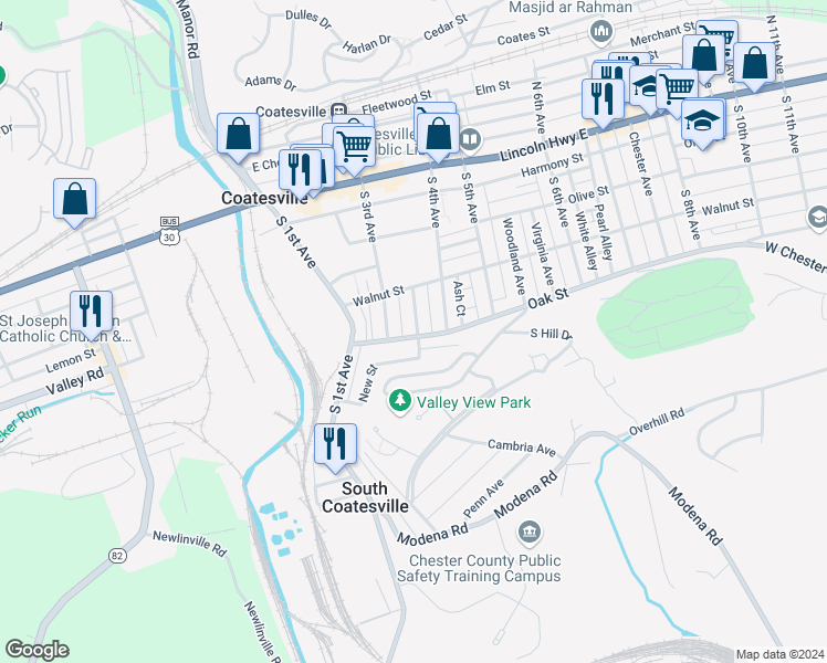 map of restaurants, bars, coffee shops, grocery stores, and more near 164 Rosemont Avenue in Coatesville