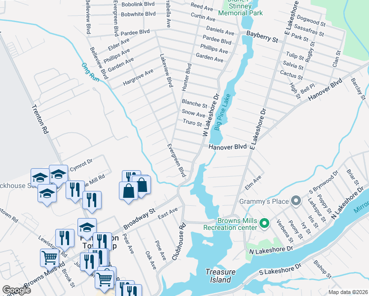 map of restaurants, bars, coffee shops, grocery stores, and more near 126 Hanover Boulevard in Browns Mills