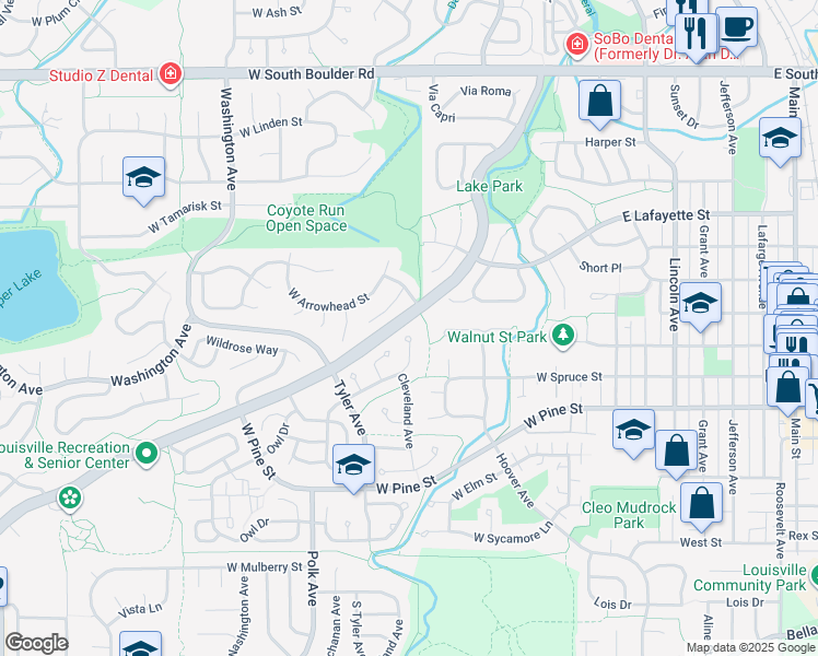 map of restaurants, bars, coffee shops, grocery stores, and more near in Louisville