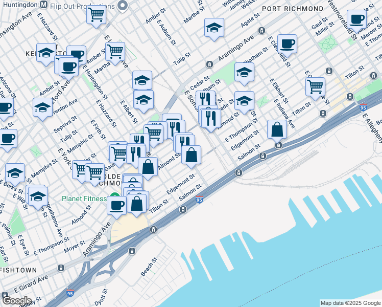 map of restaurants, bars, coffee shops, grocery stores, and more near 2613 East Lehigh Avenue in Philadelphia