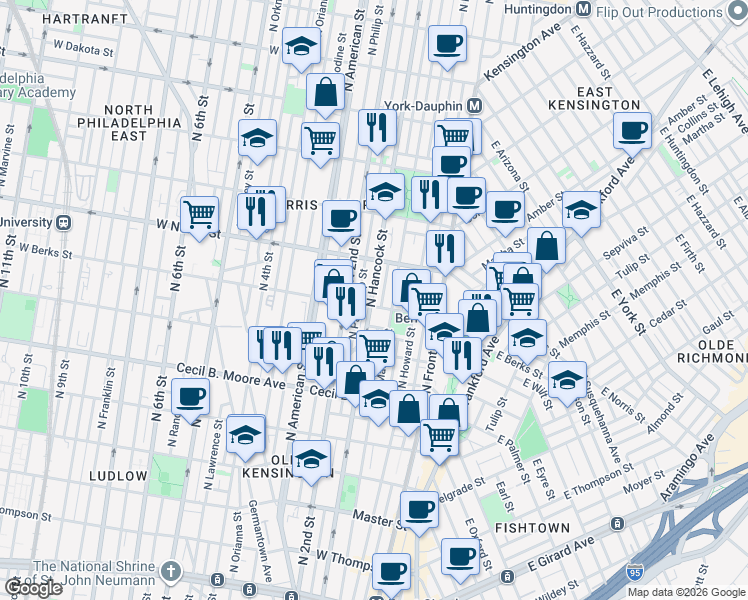 map of restaurants, bars, coffee shops, grocery stores, and more near 1906 North Hancock Street in Philadelphia