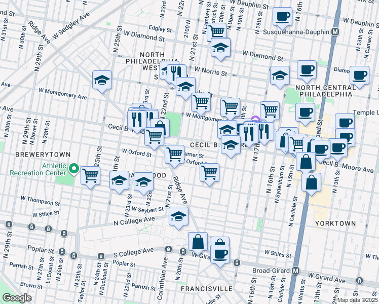 map of restaurants, bars, coffee shops, grocery stores, and more near 2017 Turner Street in Philadelphia