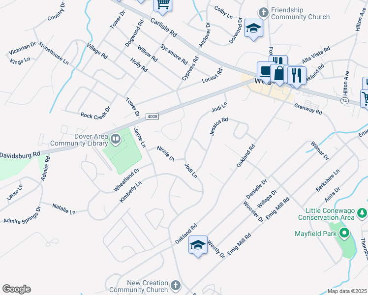 map of restaurants, bars, coffee shops, grocery stores, and more near 3099 Jodi Lane in Dover