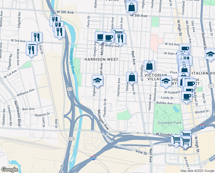 map of restaurants, bars, coffee shops, grocery stores, and more near 888 Thurber Drive West in Columbus