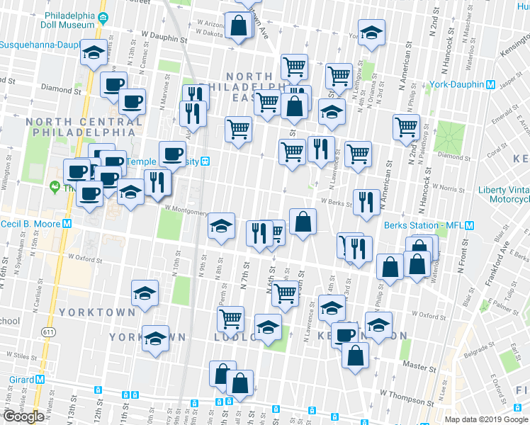 map of restaurants, bars, coffee shops, grocery stores, and more near 1814 North Marshall Street in Philadelphia
