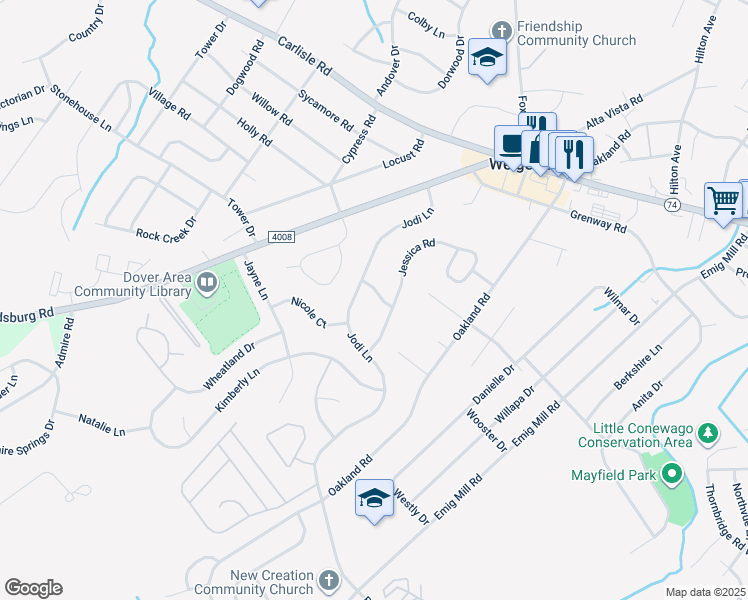 map of restaurants, bars, coffee shops, grocery stores, and more near 3202 Ashley Lane in Dover