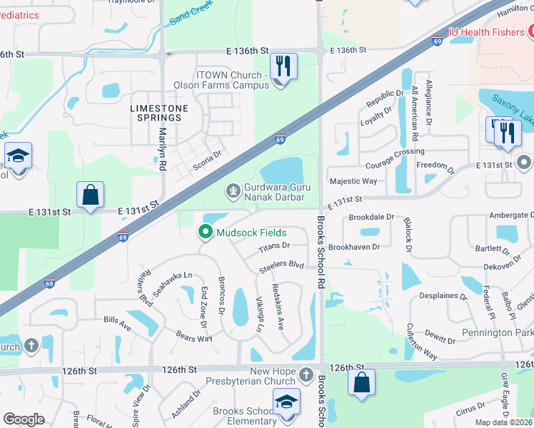 map of restaurants, bars, coffee shops, grocery stores, and more near 12345 East 131st Street in Fishers