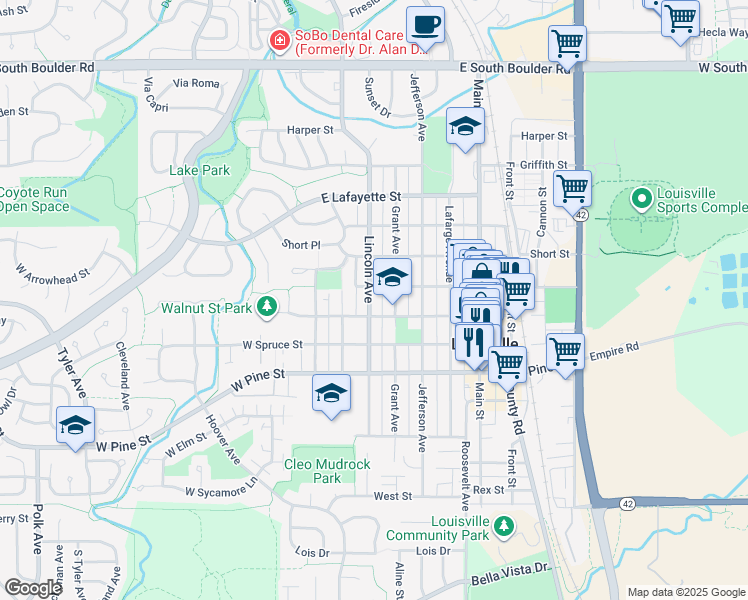 map of restaurants, bars, coffee shops, grocery stores, and more near 920 Lincoln Avenue in Louisville