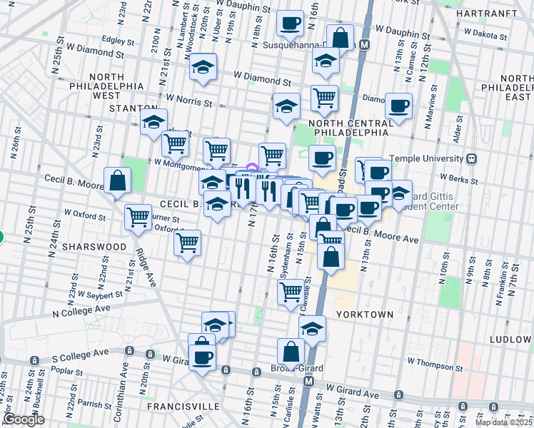 map of restaurants, bars, coffee shops, grocery stores, and more near Willington Street in Philadelphia