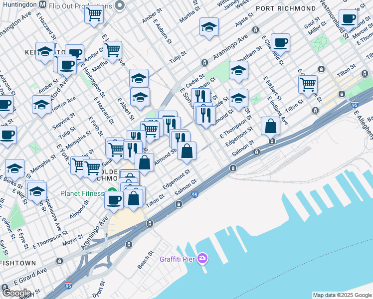 map of restaurants, bars, coffee shops, grocery stores, and more near 2613 East Lehigh Avenue in Philadelphia