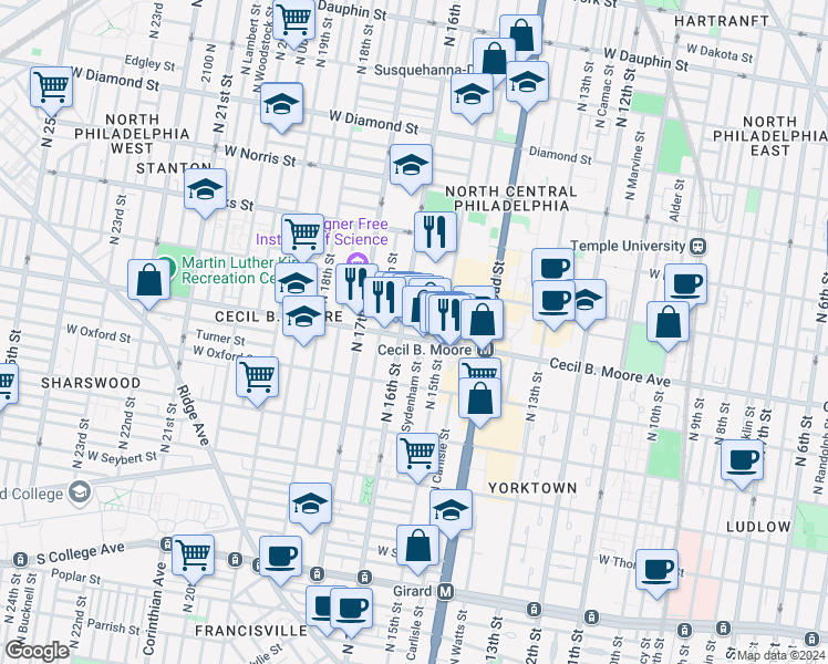 map of restaurants, bars, coffee shops, grocery stores, and more near 1527 Cecil B. Moore Avenue in Philadelphia