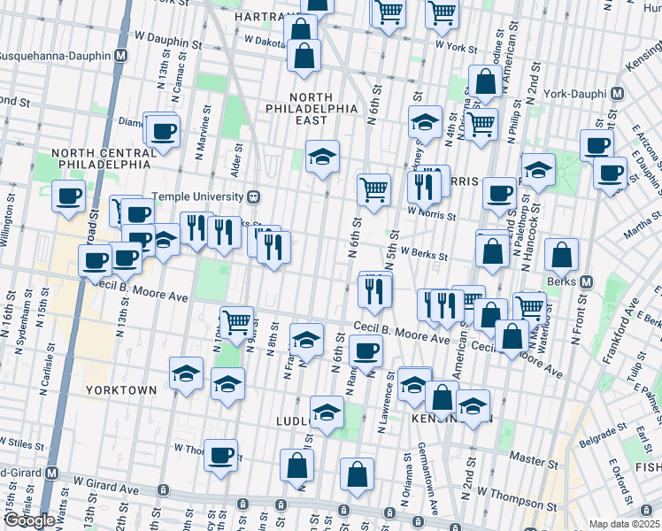 map of restaurants, bars, coffee shops, grocery stores, and more near 1814 North Marshall Street in Philadelphia