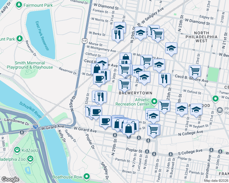 map of restaurants, bars, coffee shops, grocery stores, and more near 1519 North Hollywood Street in Philadelphia