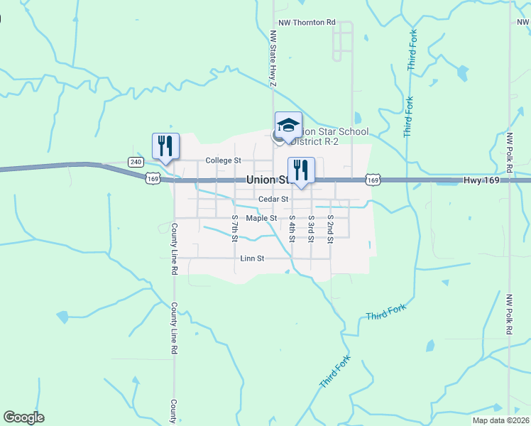map of restaurants, bars, coffee shops, grocery stores, and more near 112 North 5th Street in Union Star