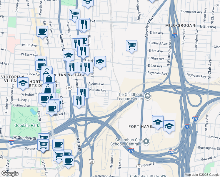 map of restaurants, bars, coffee shops, grocery stores, and more near 329 Auden Avenue in Columbus