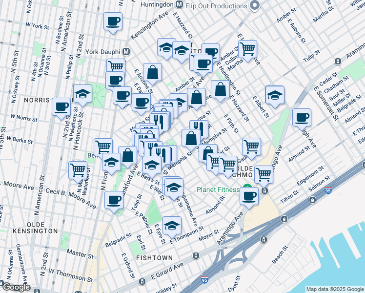map of restaurants, bars, coffee shops, grocery stores, and more near 2302 East Dakota Street in Philadelphia