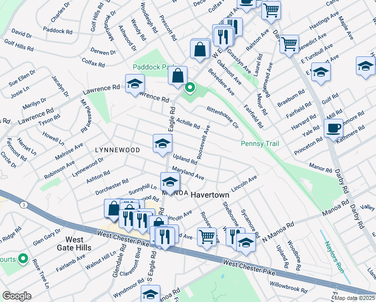 map of restaurants, bars, coffee shops, grocery stores, and more near 520 Virginia Avenue in Havertown