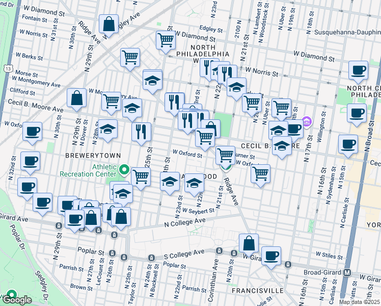 map of restaurants, bars, coffee shops, grocery stores, and more near 2247 West Oxford Street in Philadelphia