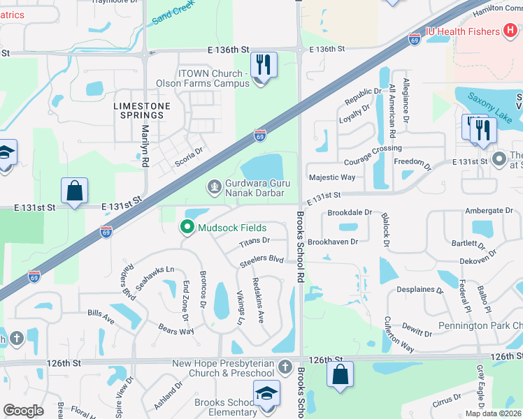 map of restaurants, bars, coffee shops, grocery stores, and more near 12345 East 131st Street in Fishers