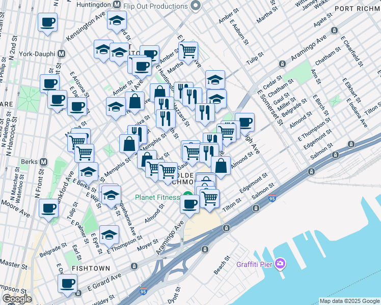 map of restaurants, bars, coffee shops, grocery stores, and more near 2431 E Firth St in Philadelphia